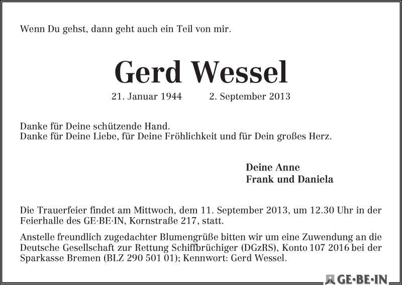  Traueranzeige für Gerd Wessel vom 07.09.2013 aus WESER-KURIER