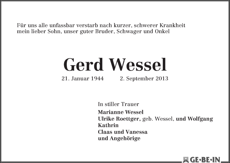  Traueranzeige für Gerd Wessel vom 07.09.2013 aus WESER-KURIER