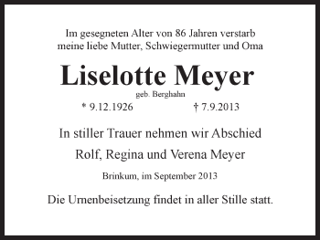 Traueranzeigen Von Liselotte Meyer Trauer Gedenken