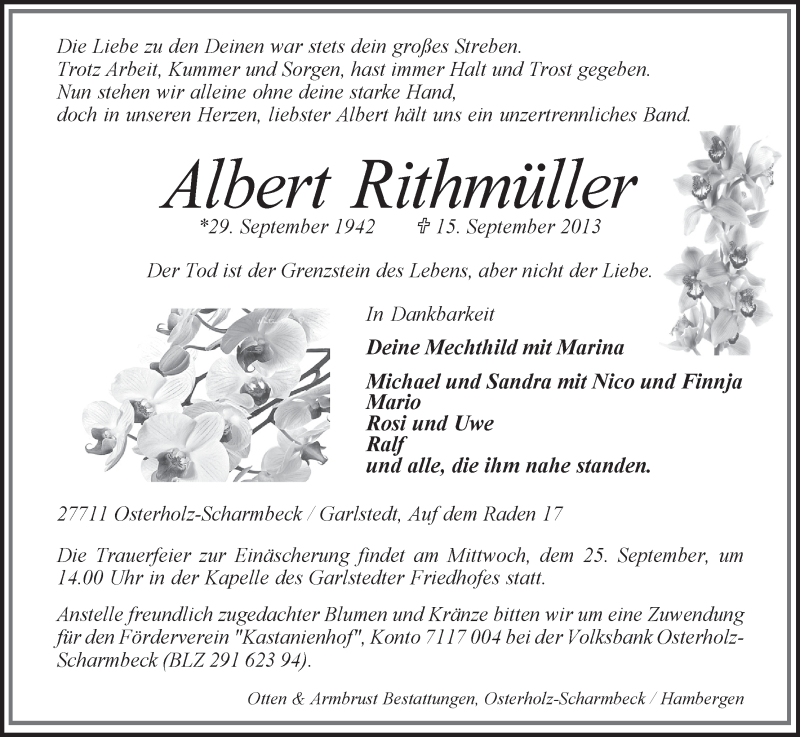  Traueranzeige für Albert Rithmüller vom 17.09.2013 aus WESER-KURIER