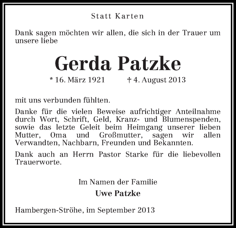  Traueranzeige für Gerda Patzke vom 25.09.2013 aus WESER-KURIER