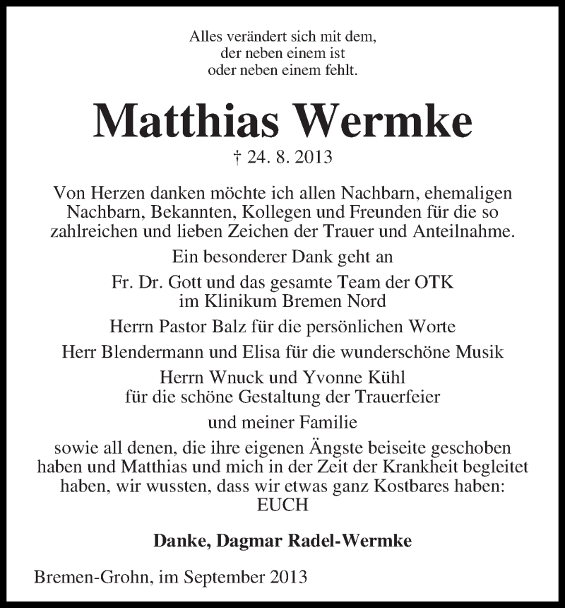  Traueranzeige für Matthias Wermke vom 25.09.2013 aus WESER-KURIER