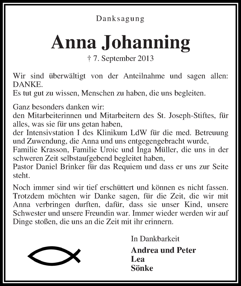  Traueranzeige für Anna Johanning vom 23.10.2013 aus WESER-KURIER