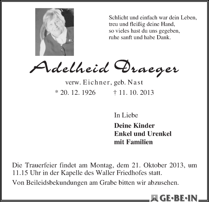  Traueranzeige für Adelheid Draeger vom 16.10.2013 aus WESER-KURIER