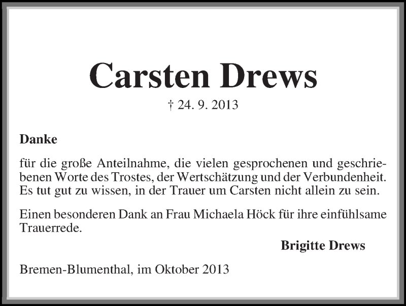 Traueranzeigen Von Carsten Drews Trauer Gedenken