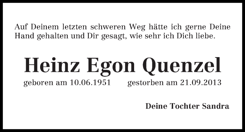  Traueranzeige für Heinz Egon Quenzel vom 19.10.2013 aus WESER-KURIER