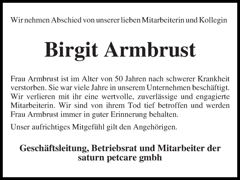  Traueranzeige für Birgit Armbrust vom 23.11.2013 aus WESER-KURIER