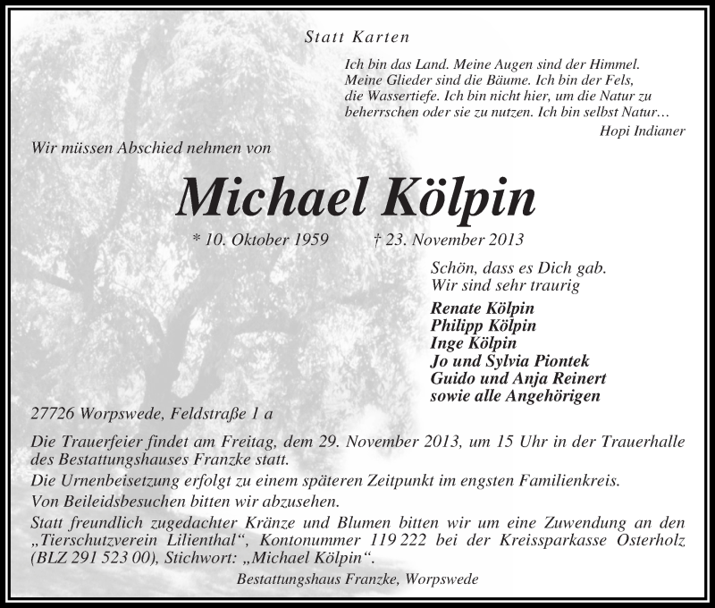  Traueranzeige für Michael Kölpin vom 26.11.2013 aus WESER-KURIER