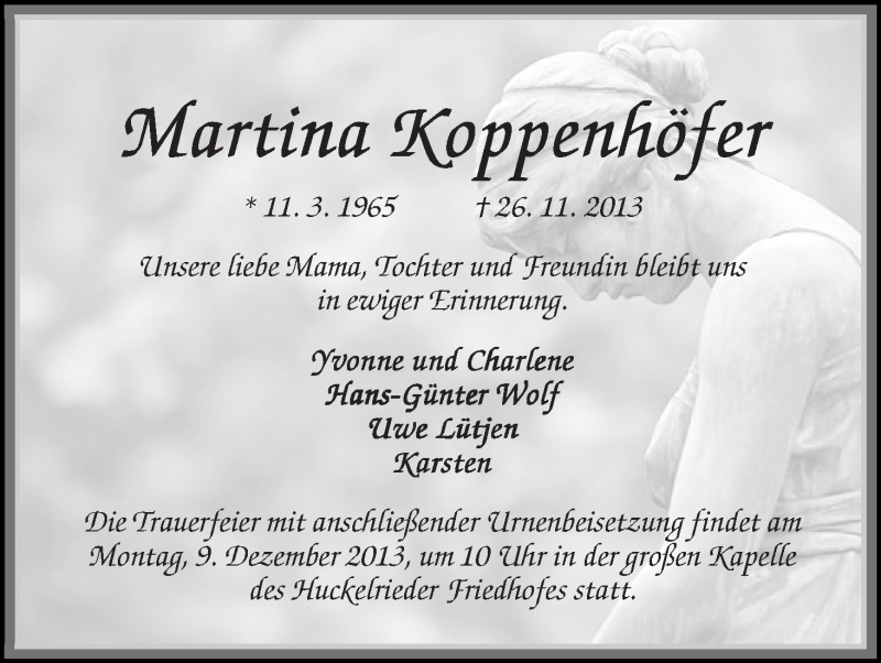  Traueranzeige für Martina Koppenhöfer vom 30.11.2013 aus WESER-KURIER