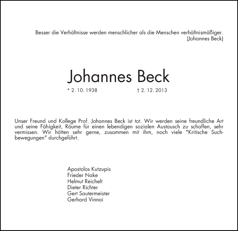 Traueranzeige für Johannes Beck vom 06.12.2013 aus WESER-KURIER