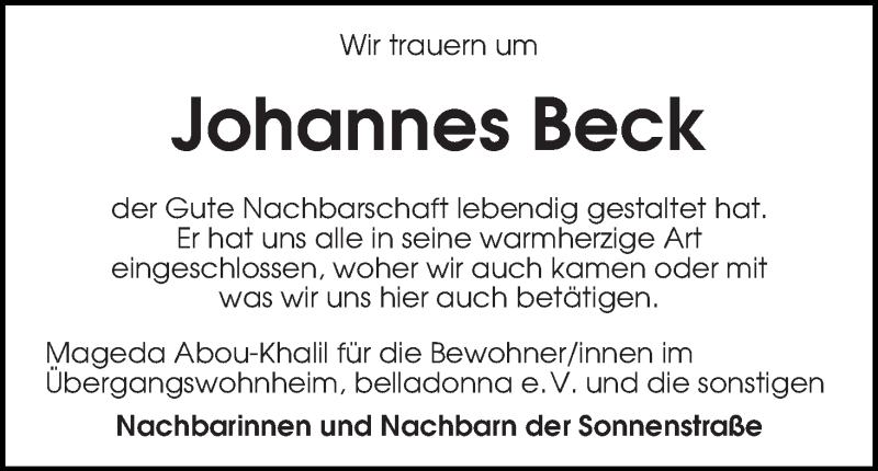  Traueranzeige für Johannes Beck vom 07.12.2013 aus WESER-KURIER