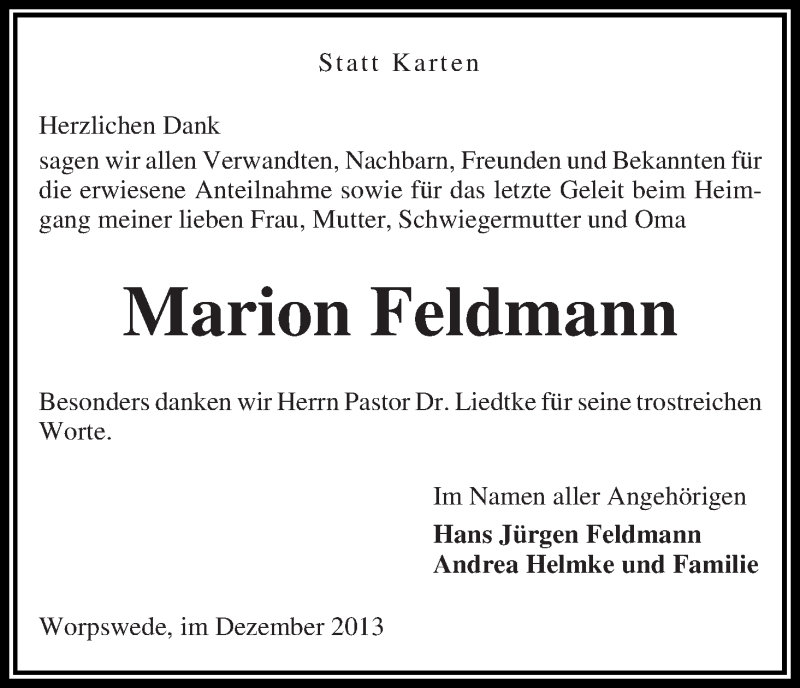 Traueranzeigen Von Marion Feldmann Trauer Gedenken