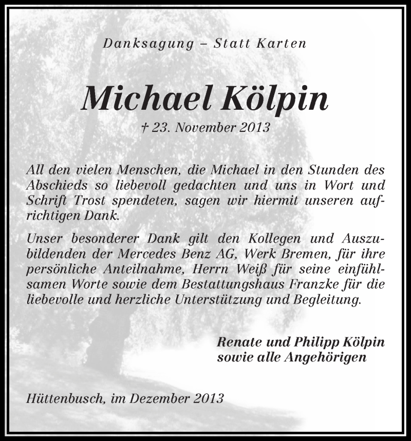  Traueranzeige für Michael Kölpin vom 17.12.2013 aus WESER-KURIER
