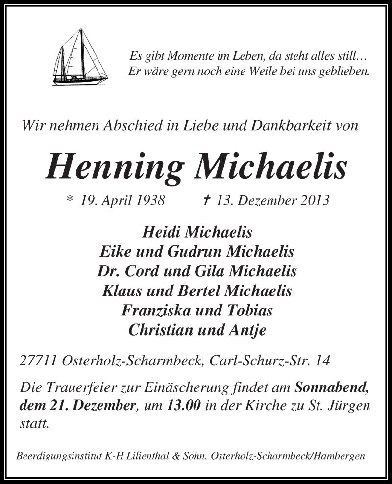  Traueranzeige für Henning Michaelis vom 17.12.2013 aus WESER-KURIER
