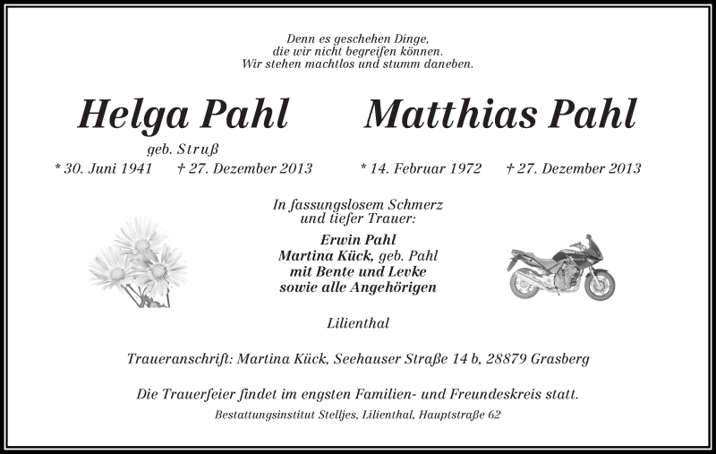  Traueranzeige für Helga und Matthias Pahl vom 30.12.2013 aus WESER-KURIER