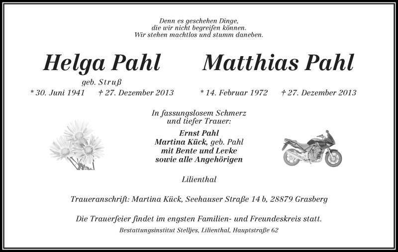  Traueranzeige für Helga und Matthias Pahl vom 31.12.2013 aus WESER-KURIER