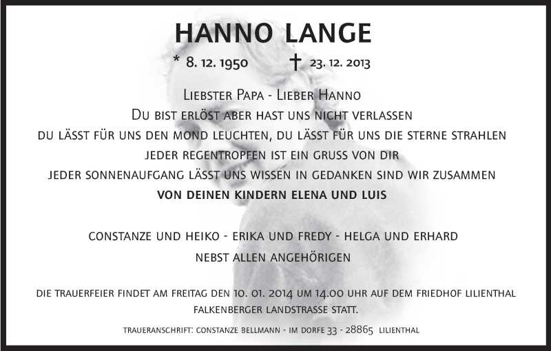  Traueranzeige für Hanno Lange vom 04.01.2014 aus WESER-KURIER