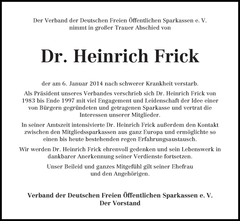  Traueranzeige für Dr. Heinrich Frick vom 08.01.2014 aus WESER-KURIER