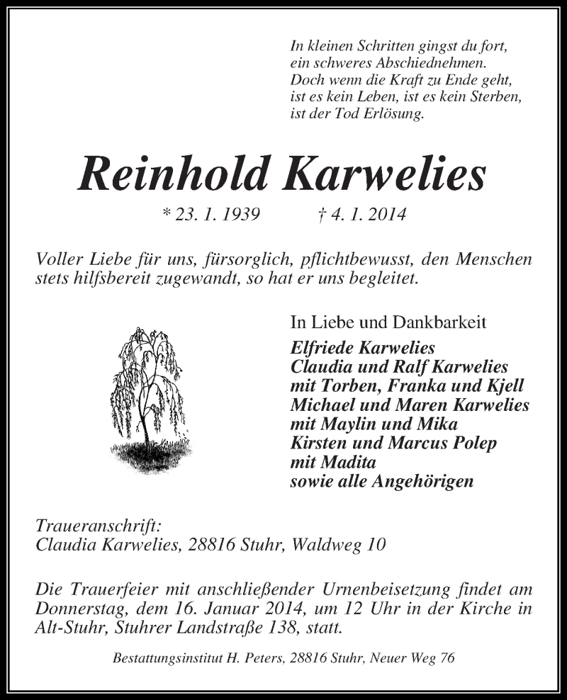  Traueranzeige für Reinhold Karwelies vom 11.01.2014 aus WESER-KURIER