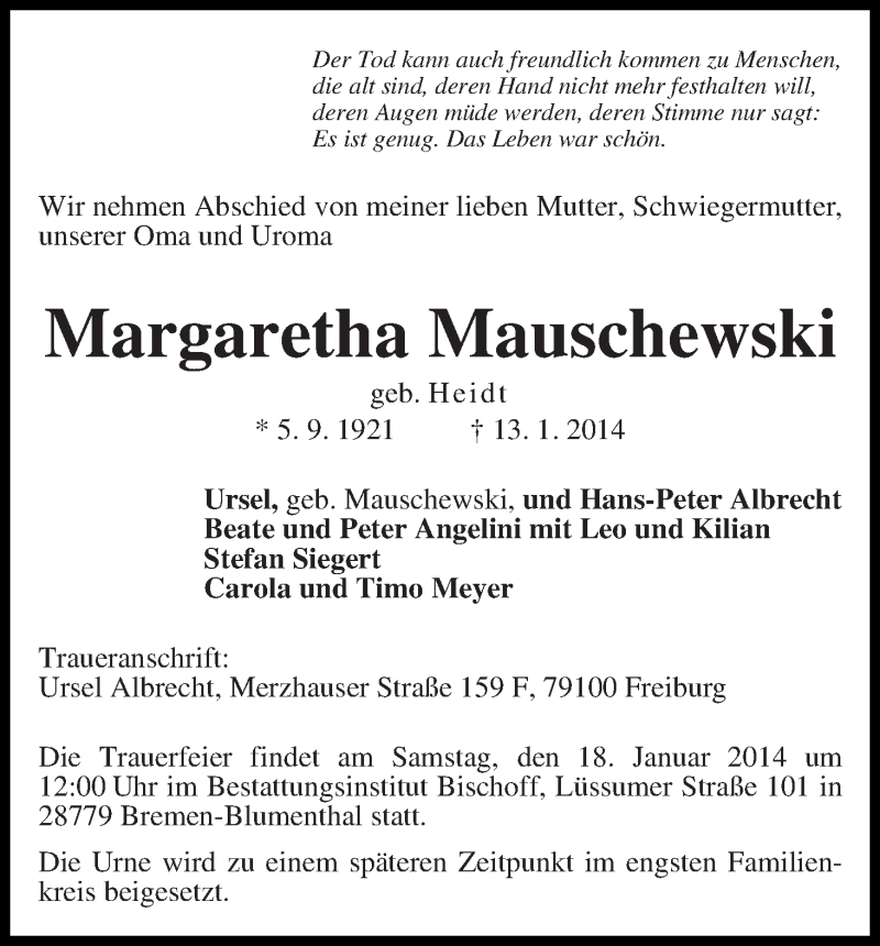 Traueranzeigen Von Margaretha Mauschewski Trauer Gedenken