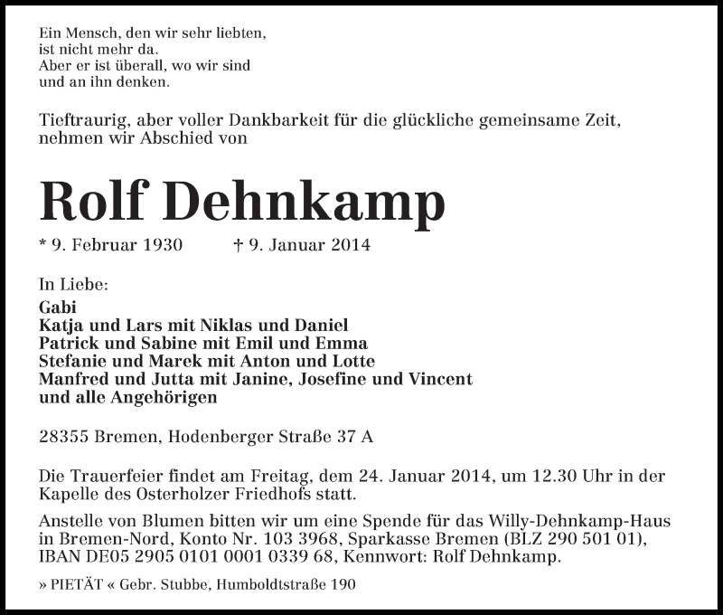 Traueranzeige für Rolf Dehnkamp vom 18.01.2014 aus WESER-KURIER