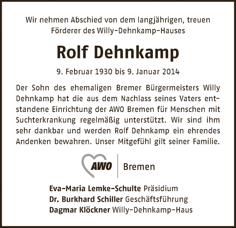  Traueranzeige für Rolf Dehnkamp vom 18.01.2014 aus WESER-KURIER
