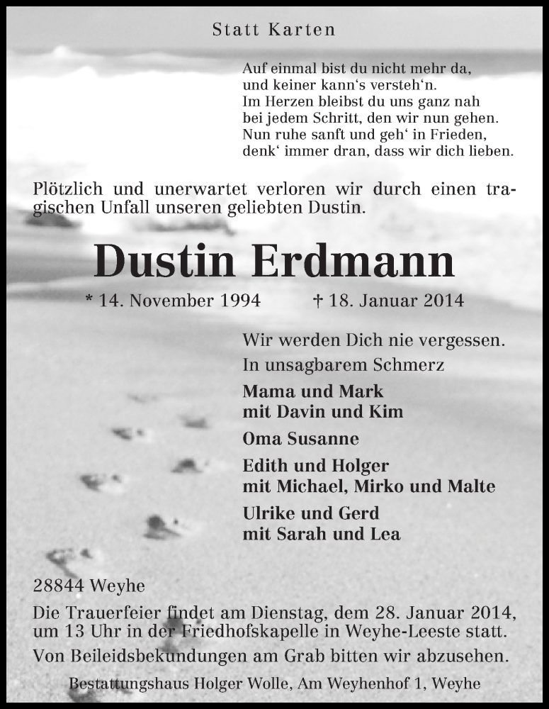  Traueranzeige für Dustin Erdmann vom 23.01.2014 aus WESER-KURIER