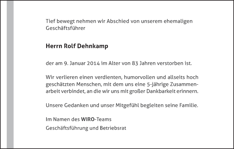  Traueranzeige für Rolf Dehnkamp vom 25.01.2014 aus WESER-KURIER