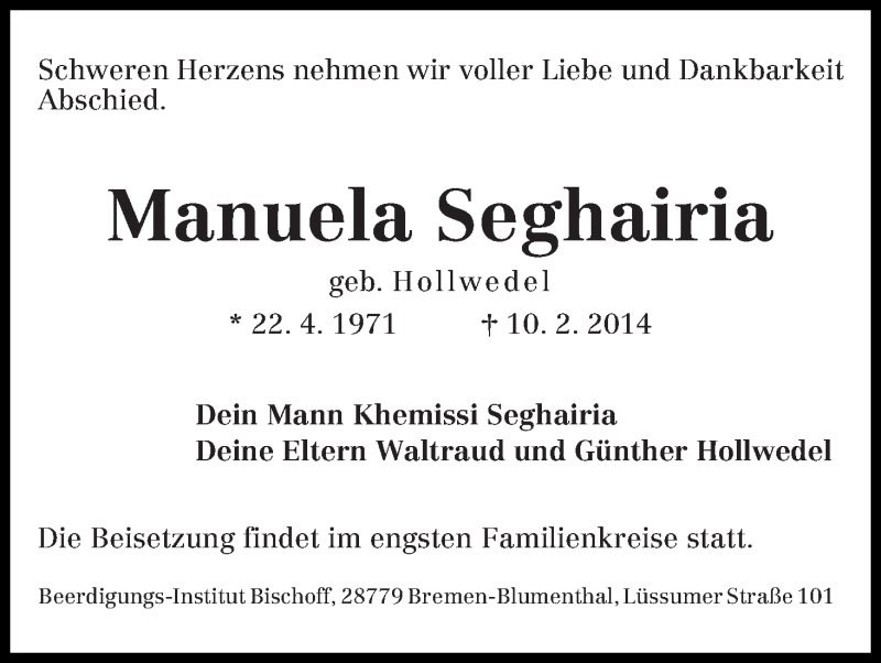  Traueranzeige für Manuela Seghairia vom 12.02.2014 aus WESER-KURIER