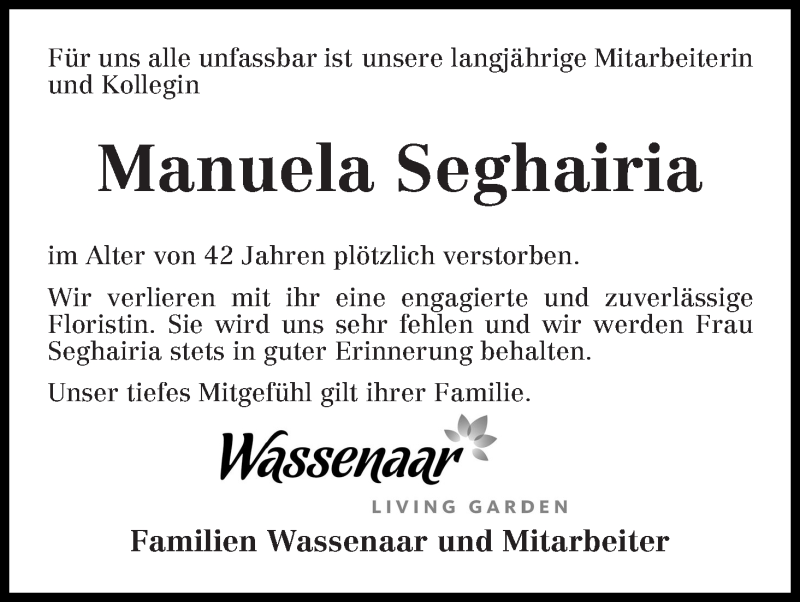  Traueranzeige für Manuela Seghairia vom 14.02.2014 aus WESER-KURIER