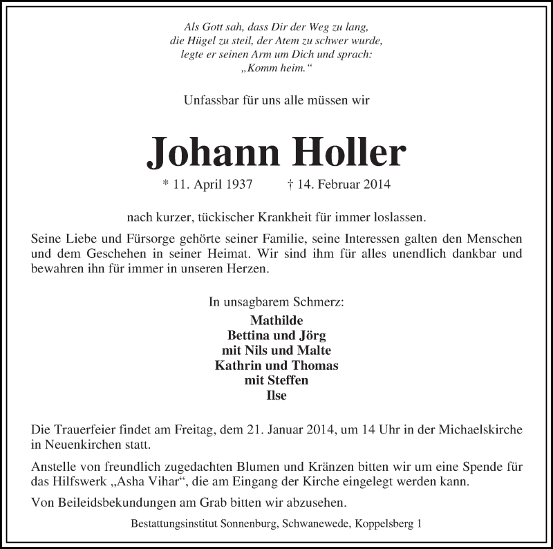  Traueranzeige für Johann Holler vom 18.02.2014 aus WESER-KURIER