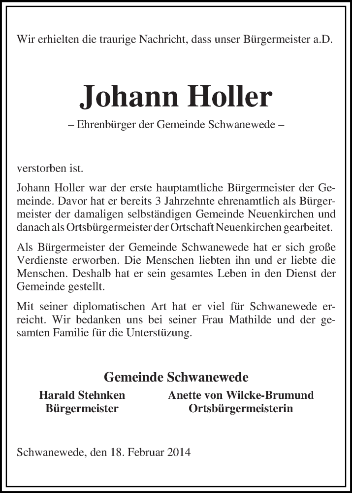  Traueranzeige für Johann Holler vom 18.02.2014 aus WESER-KURIER