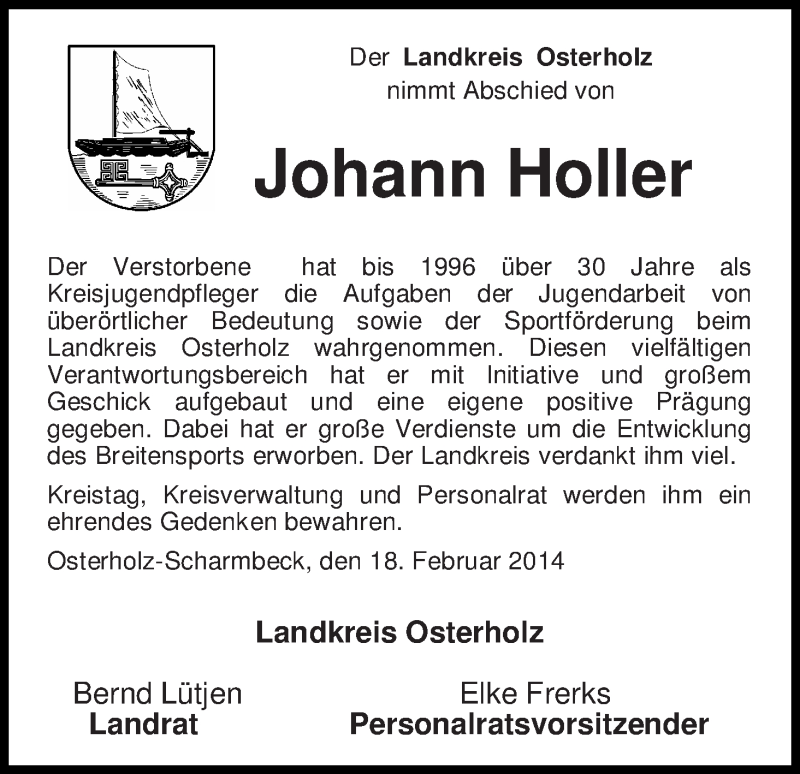  Traueranzeige für Johann Holler vom 19.02.2014 aus WESER-KURIER