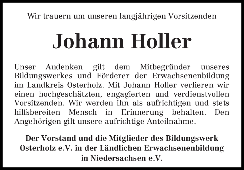  Traueranzeige für Johann Holler vom 19.02.2014 aus WESER-KURIER
