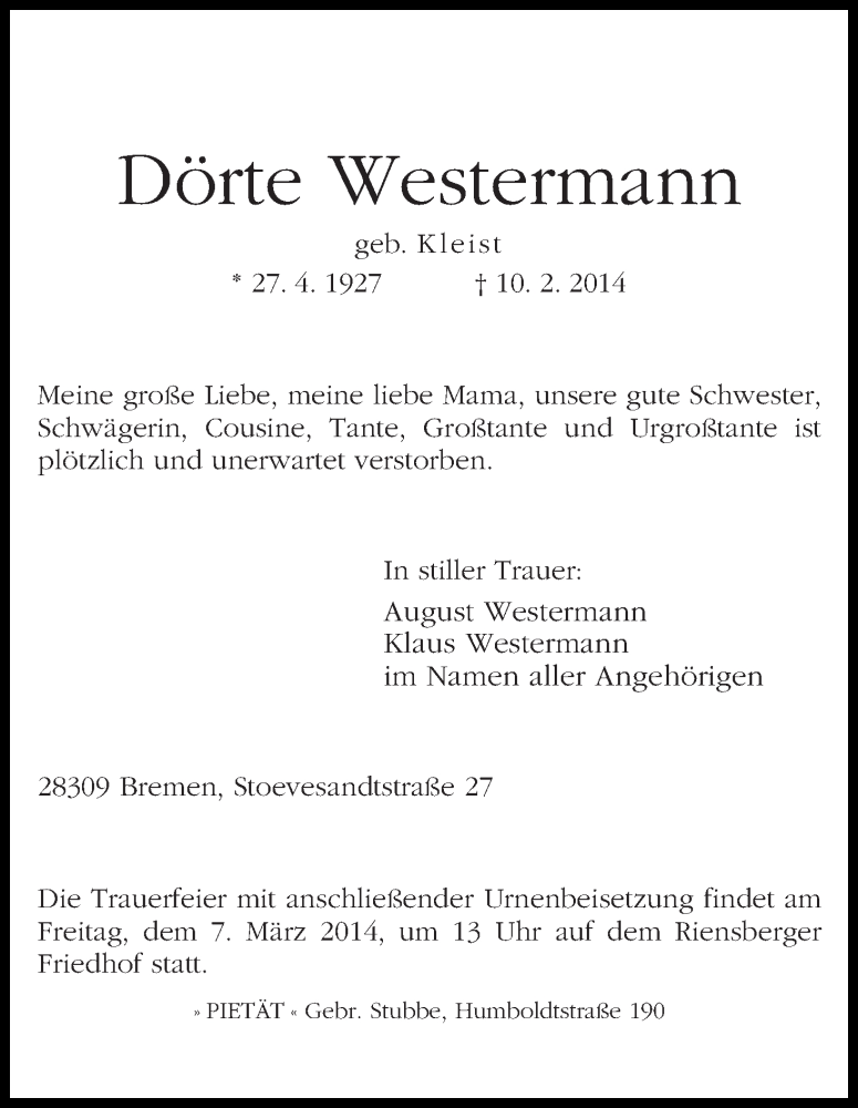  Traueranzeige für Dörte Westermann vom 19.02.2014 aus WESER-KURIER