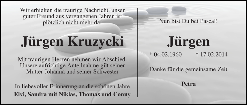  Traueranzeige für Jürgen Kruzycki vom 22.02.2014 aus WESER-KURIER