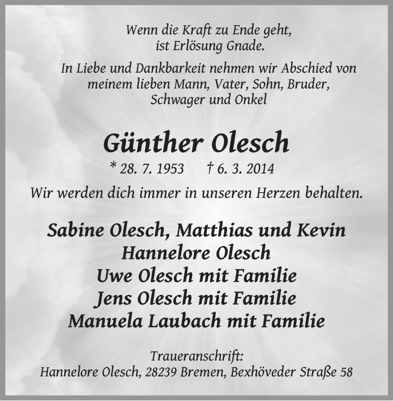  Traueranzeige für Günther Olesch vom 14.03.2014 aus WESER-KURIER