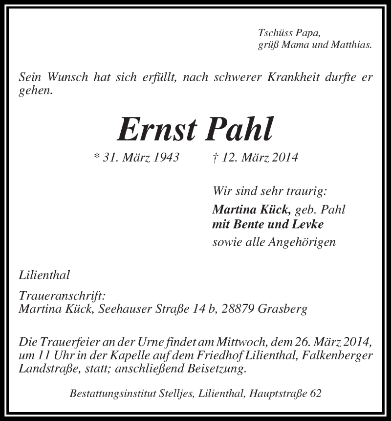  Traueranzeige für Ernst Pahl vom 15.03.2014 aus Wuemme Zeitung