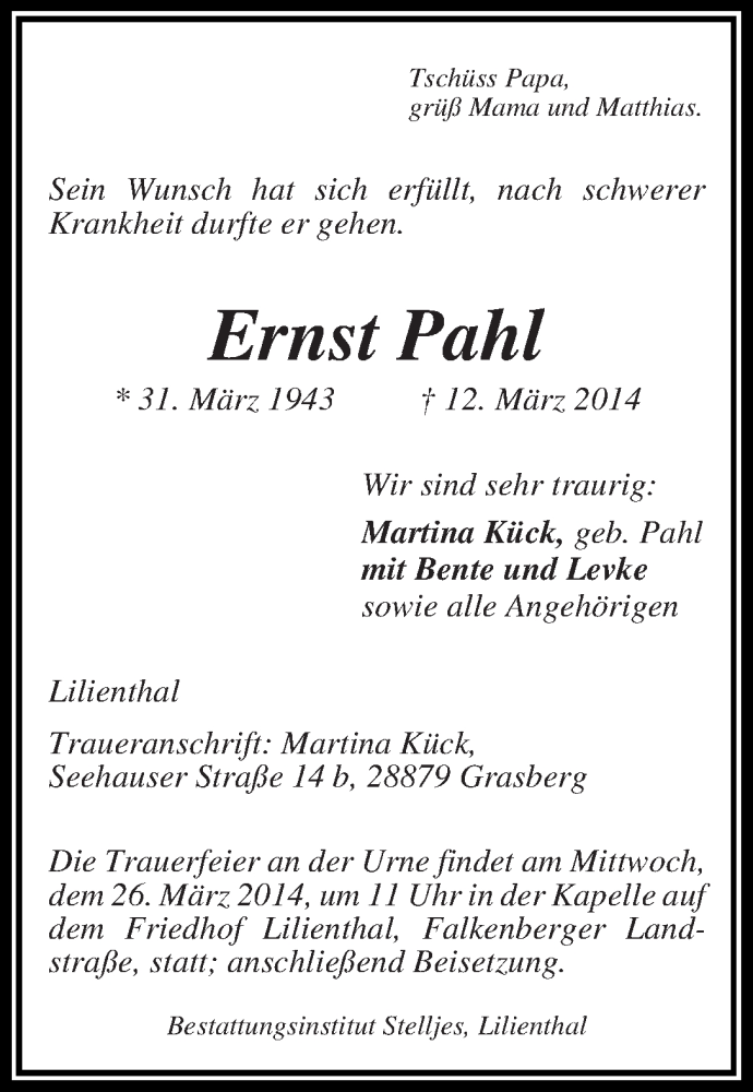  Traueranzeige für Ernst Pahl vom 15.03.2014 aus WESER-KURIER