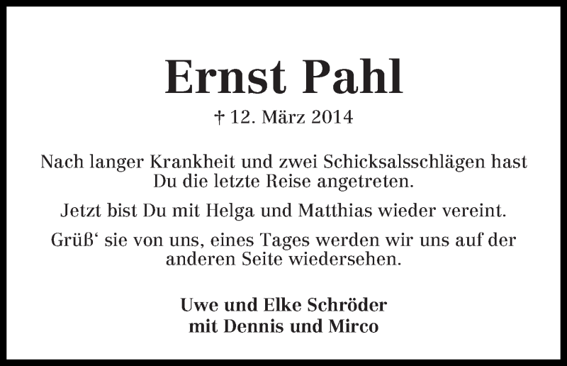  Traueranzeige für Ernst Pahl vom 18.03.2014 aus Wuemme Zeitung
