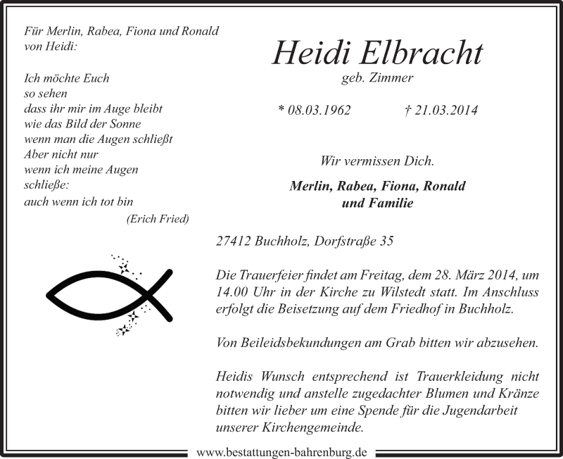 Traueranzeige für Heidi Elbracht vom 24.03.2014 aus Wuemme Zeitung
