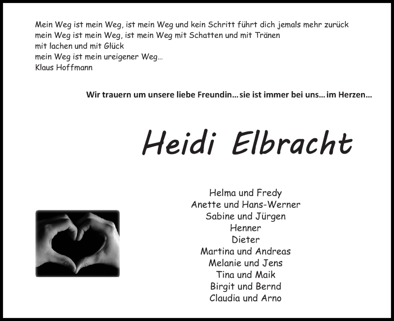  Traueranzeige für Heidi Elbracht vom 25.03.2014 aus Wuemme Zeitung