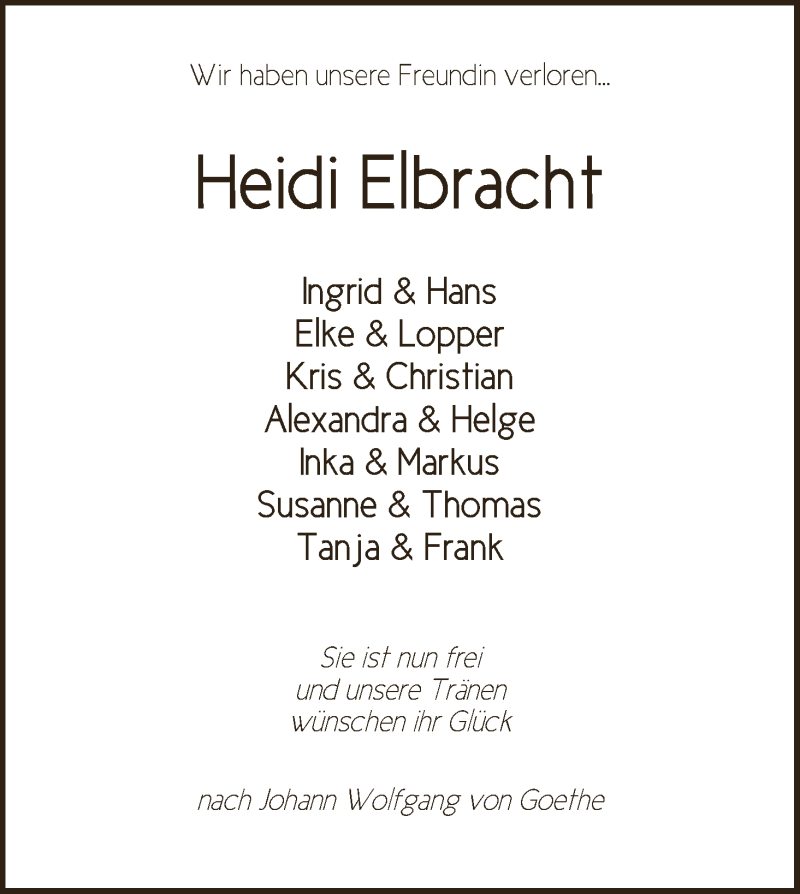  Traueranzeige für Heidi Elbracht vom 26.03.2014 aus Wuemme Zeitung
