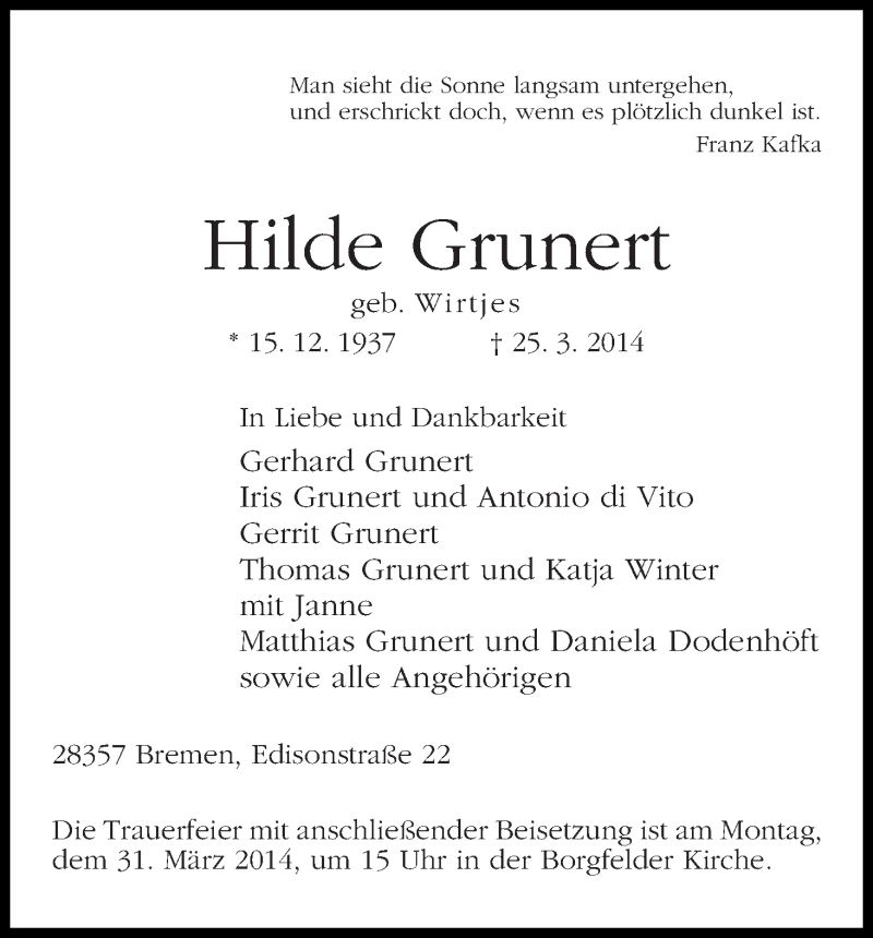  Traueranzeige für Hilde Grunert vom 28.03.2014 aus WESER-KURIER