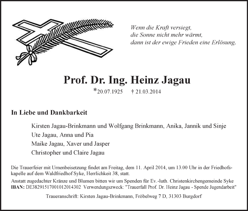  Traueranzeige für Heinz Jagau vom 29.03.2014 aus WESER-KURIER