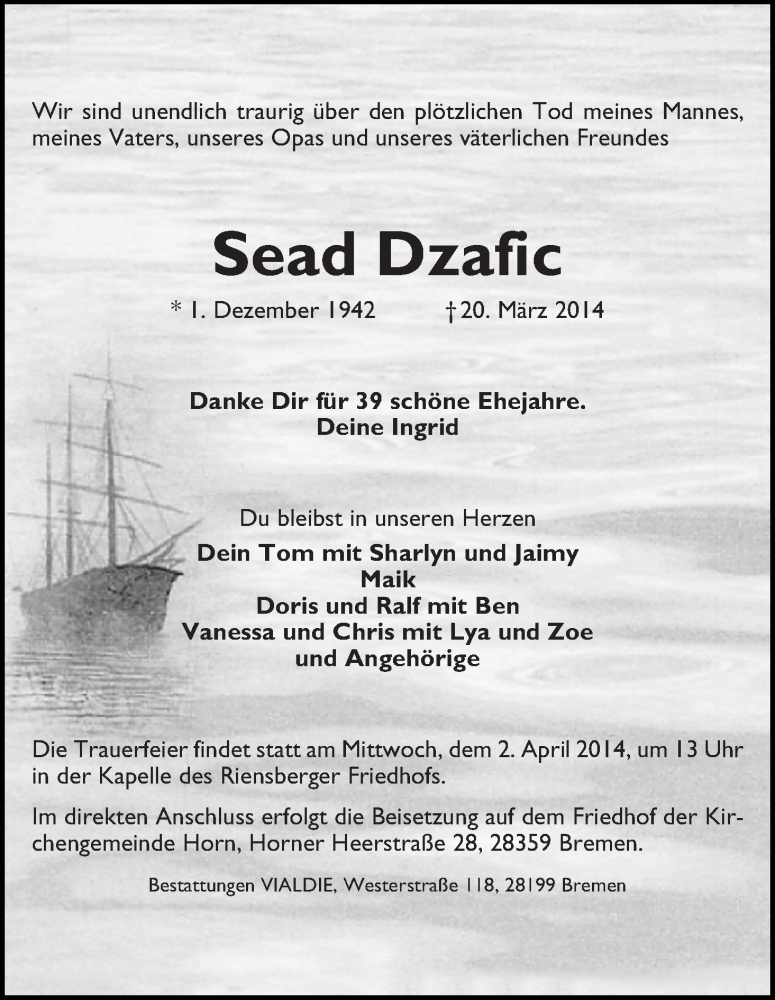  Traueranzeige für Sead Dzafic vom 29.03.2014 aus Wuemme Zeitung