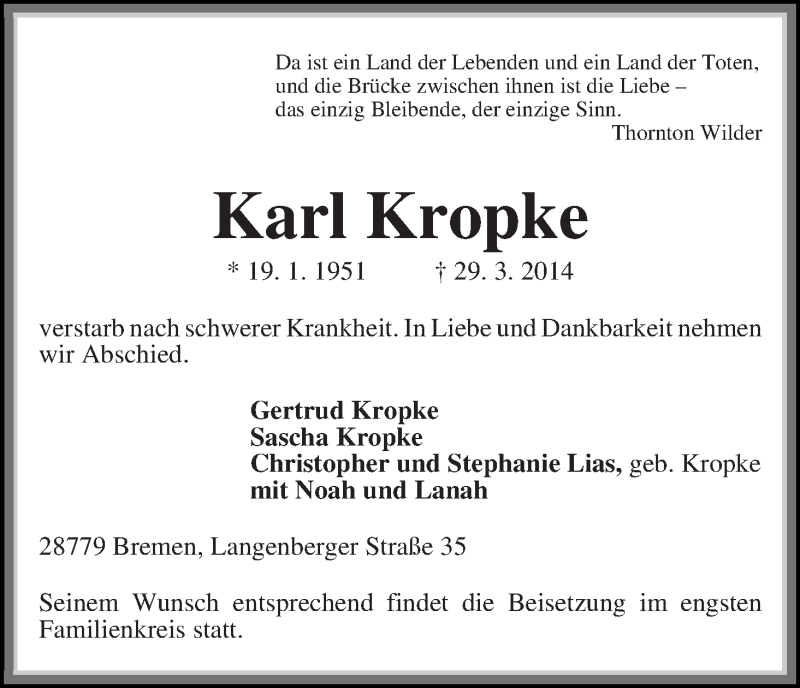  Traueranzeige für Karl Kropke vom 01.04.2014 aus WESER-KURIER