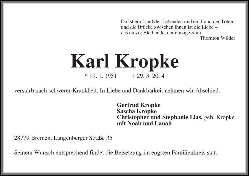  Traueranzeige für Karl Kropke vom 01.04.2014 aus Die Norddeutsche
