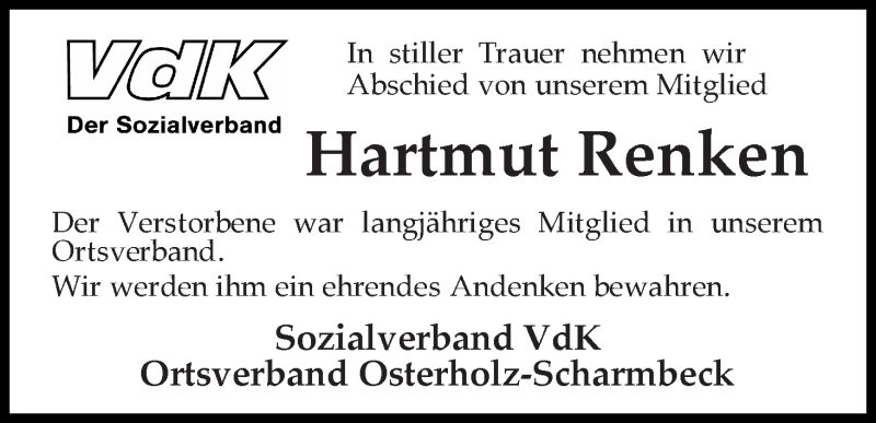  Traueranzeige für Hartmut Renken vom 21.07.2014 aus Osterholzer Kreisblatt