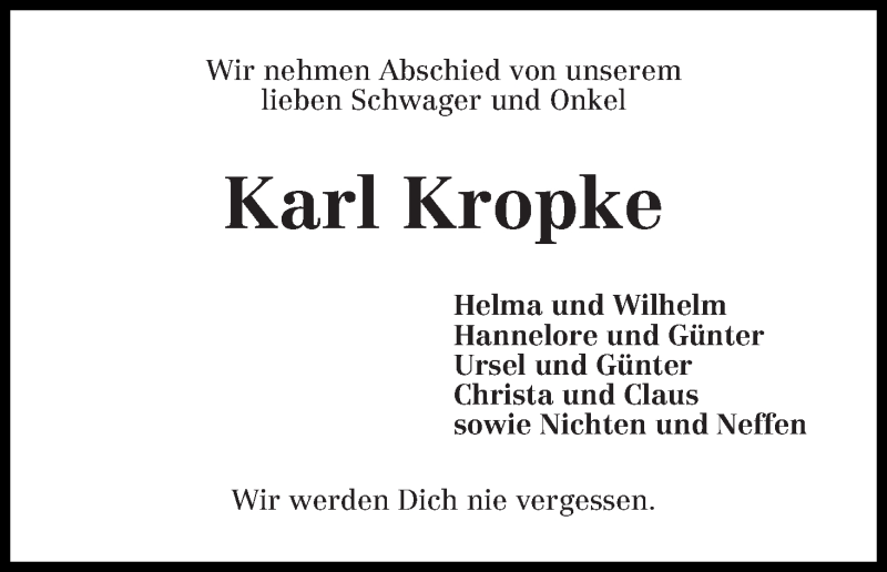  Traueranzeige für Karl Kropke vom 03.04.2014 aus WESER-KURIER